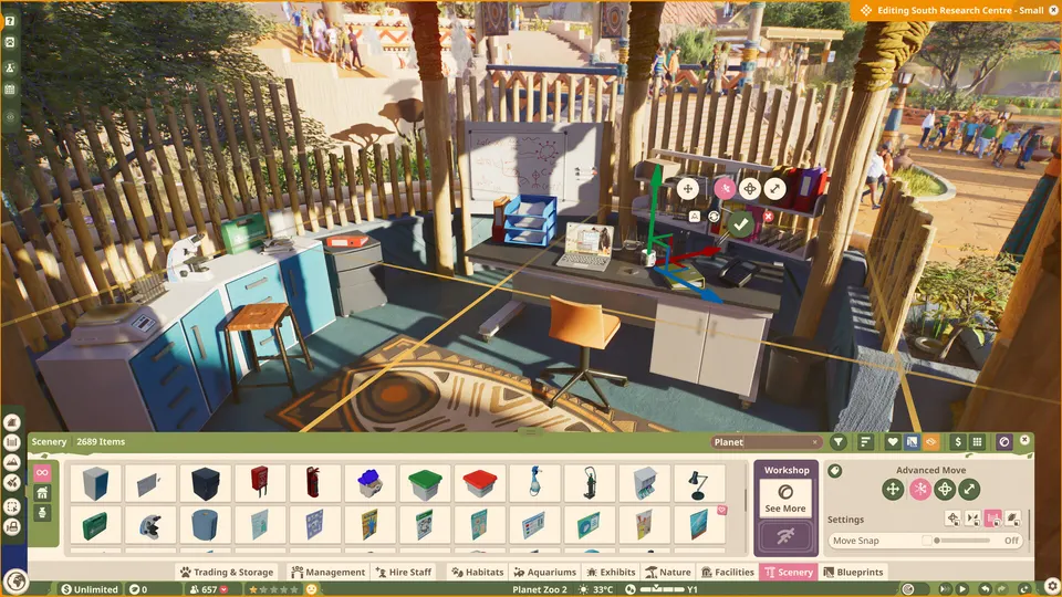 A research station interior with the scenery build menu open in Planet Zoo 2