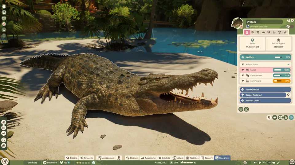A crocodile basking on a sandy bank with the animal welfare panel open in Planet Zoo 2