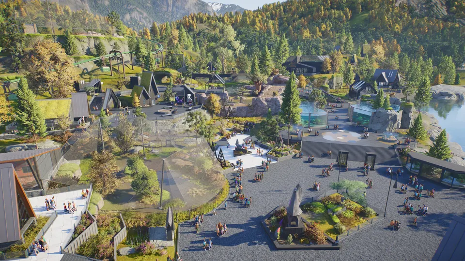 Aerial view of a zoo plaza and paths in a mountain setting in Planet Zoo 2