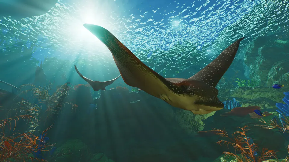 An eagle ray gliding through sunlit open water in Planet Zoo 2