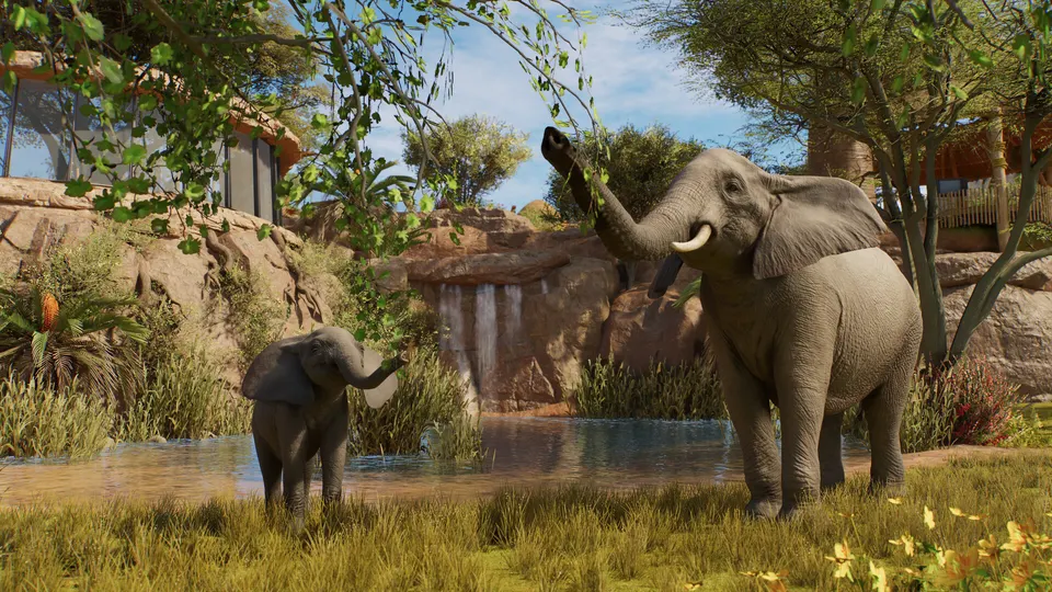 An African elephant and calf beside a waterhole in a savanna habitat in Planet Zoo 2