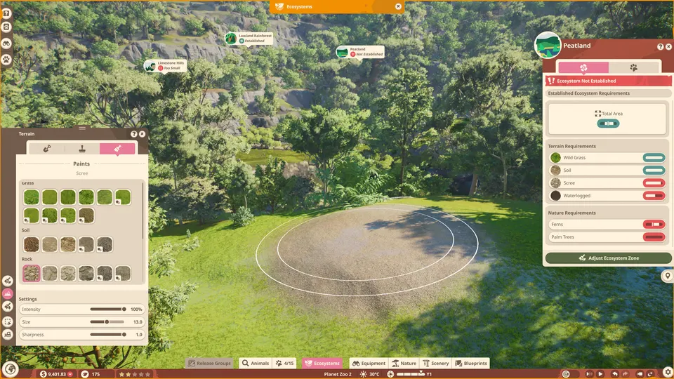 The terrain paint tool and ecosystem requirements panel on a forest habitat in Planet Zoo 2