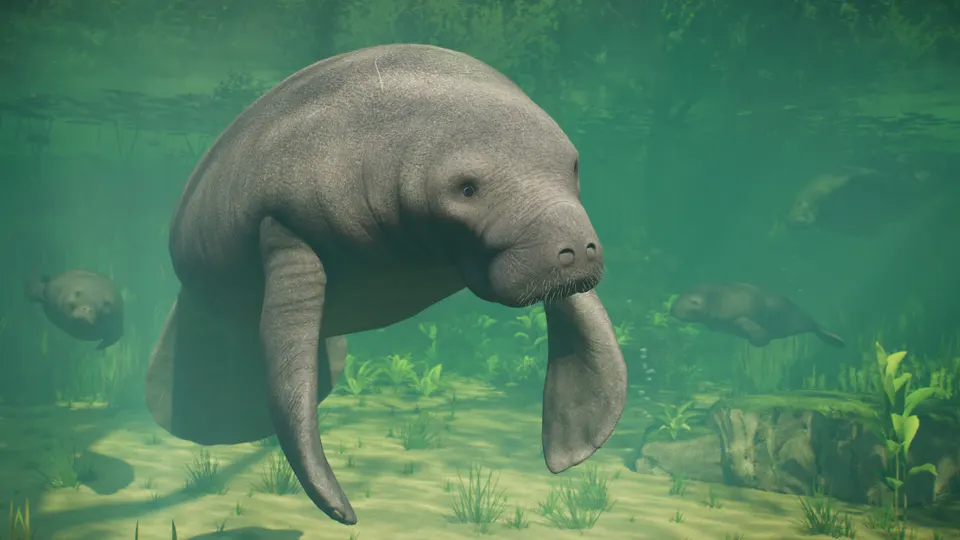 A West Indian manatee swimming in a lake aquarium in Planet Zoo 2